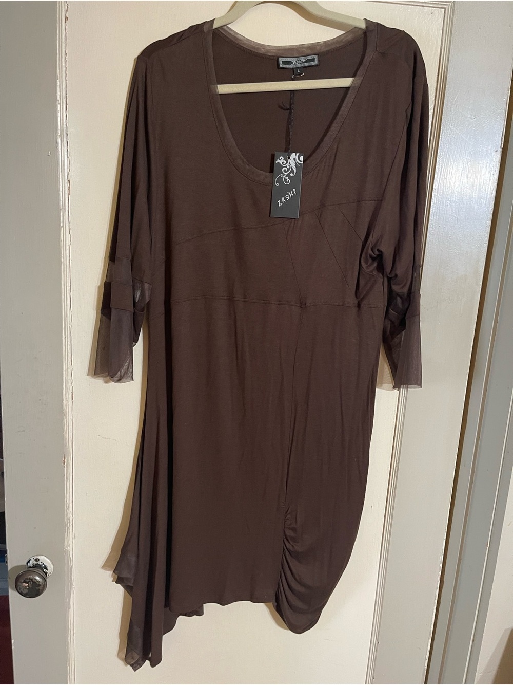 NWT Zashi Brown Asymmetric Scoop Neck Women's Tunic